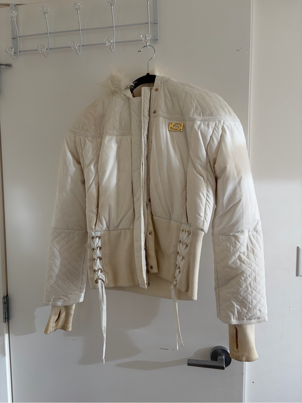 bebe Cream Quilted Lace-Up Waist Puffer Jacket